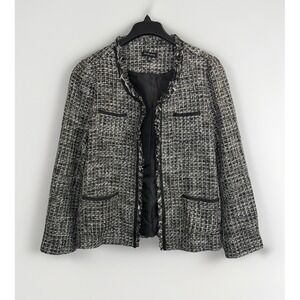 True Envy Fringe-Trim Tweed Jacket Blazer Women's Size 16 Black/White Open Front